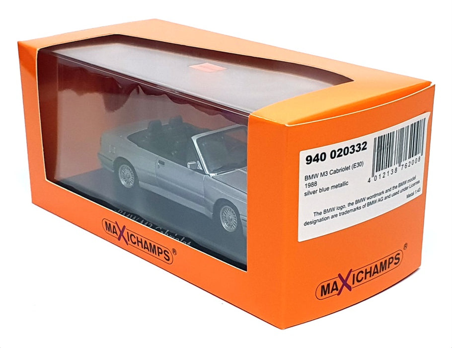 Maxichamps 1/43 Scale 940 020332 - 1988 BMW M3 Cabriolet (E30) - Met Silver Blue