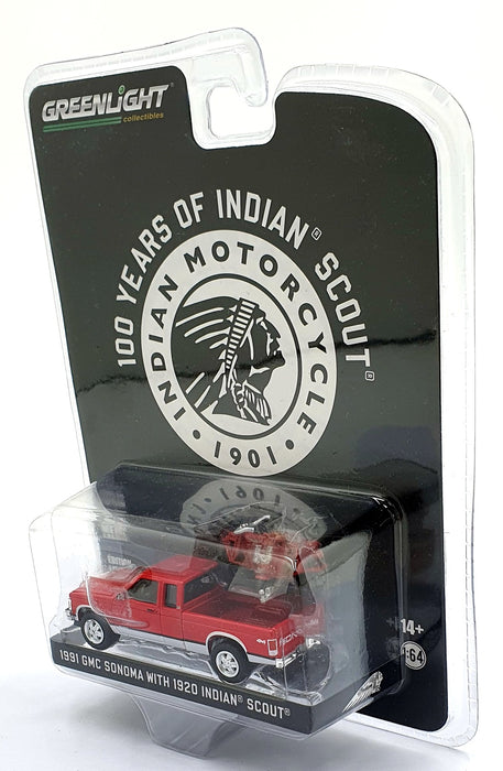 Greenlight 1/64 Scale 28080-C - 1991 GMC Sonoma w/ 1920 Indian Scout - Red