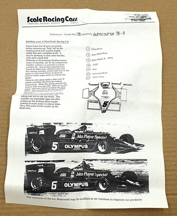 S.R.C. Models 1/43 Scale Unbuilt Kit 24-91 - 1978 F1 JPS Lotus 79