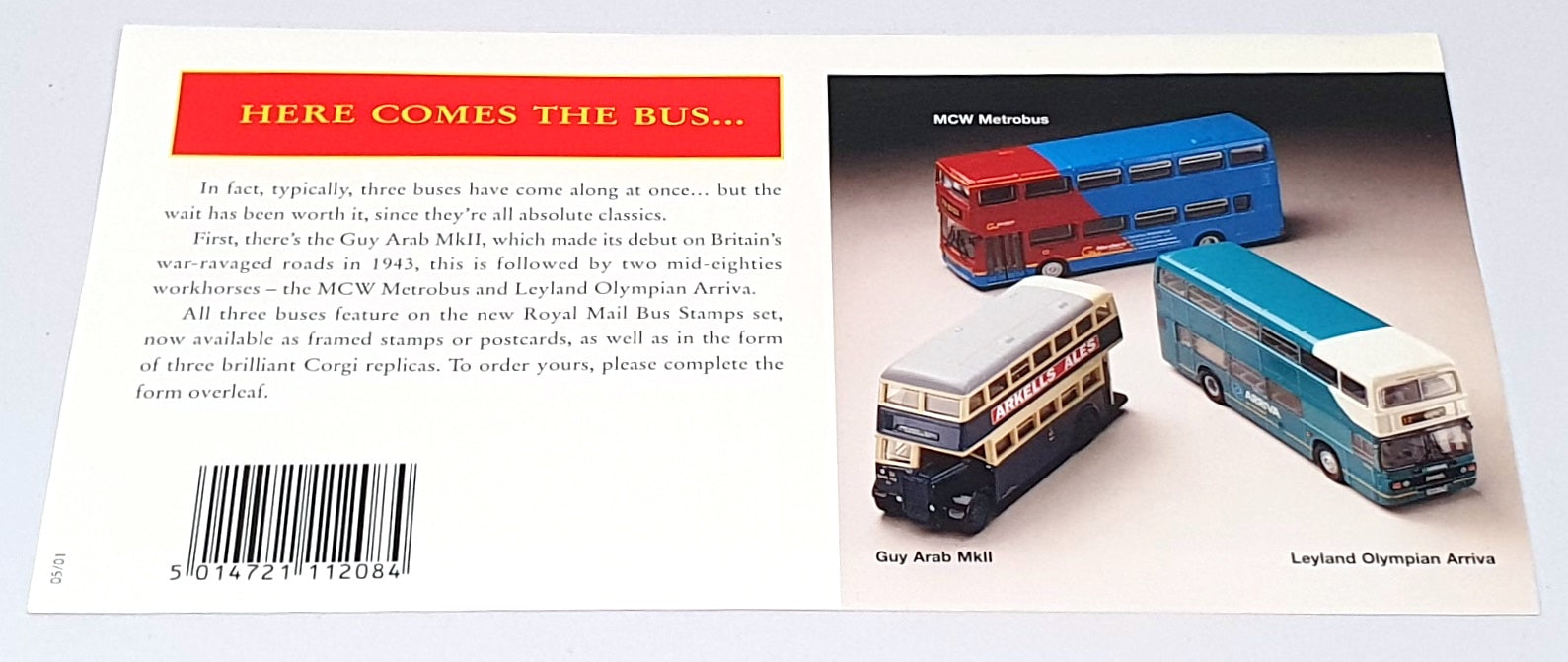 Royal Mail 296 - 5 Post Cards & 5 Stamps - Buses Classic British Double Deckers