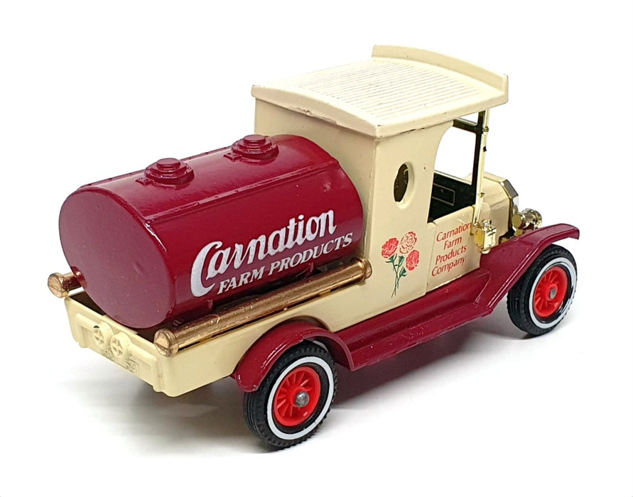 Matchbox Appx 10cm Long Y-3 - 1912 Ford Model T Tanker "Carnation" Cream/Dk Red