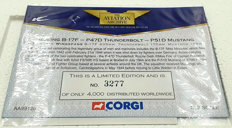 Corgi 1/72 Scale diecast AA99126 Boeing B-17F Minookie Thunderbolt P51D Mustang