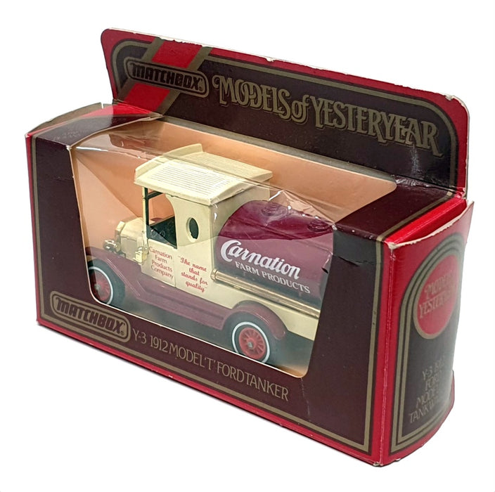 Matchbox Appx 10cm Long Y-3 - 1912 Ford Model T Tanker "Carnation" Cream/Dk Red