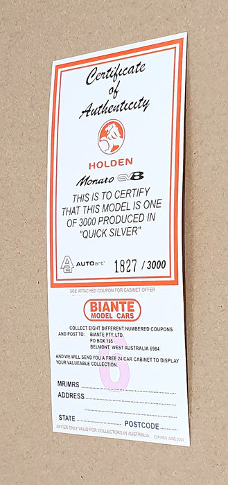 Autoart 1/43 Scale Diecast 53536 - Holden Monaro V2 - Quick Silver