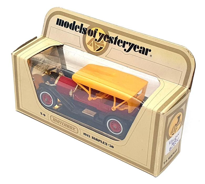 Matchbox 9.5cm Long Diecast Y-9 - 1912 Simplex 50 - Yellow/Red/Black
