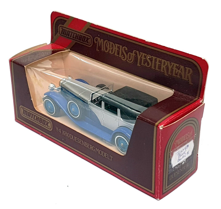 Matchbox 11.5cm Long Diecast Y-4 - 1930 Duesenberg Model J - Silver/Blue/Black