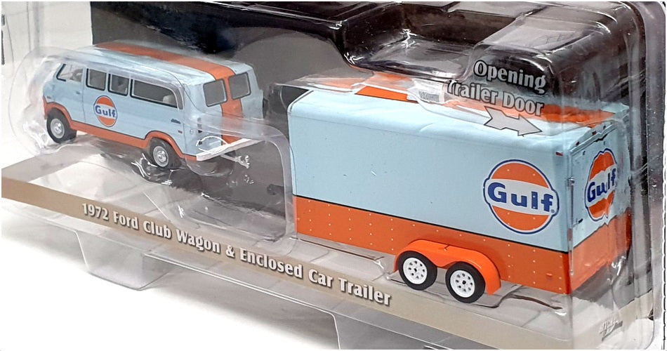 Greenlight 1/64 Scale 32200-B 1972 Ford Club Wagon & Enclosed Car Trailer Gulf 