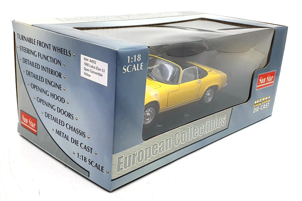 Sun Star 1/18 Scale Diecast 4052 - 1966 Lotus Elan S3 Open Convertible Yellow
