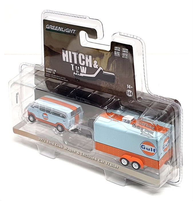 Greenlight 1/64 Scale 32200-B 1972 Ford Club Wagon & Enclosed Car Trailer Gulf 