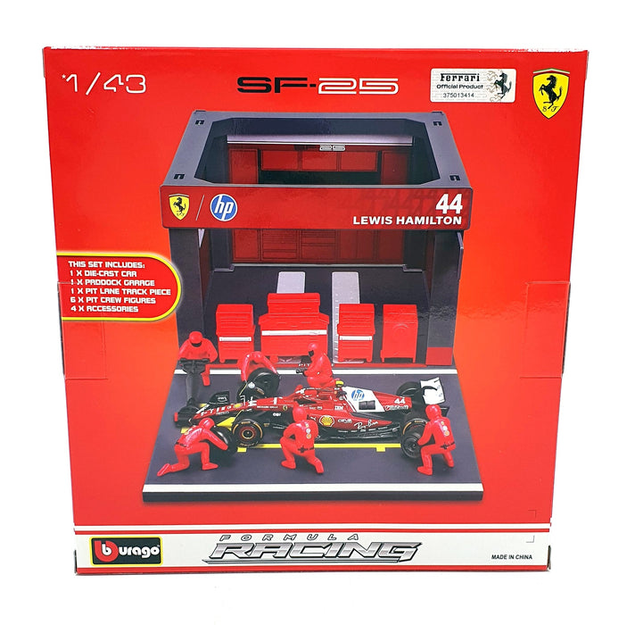 Burago 1/43 Scale 18-36865 - F1 Ferrari SF-25 Pit Pass Diorama 2025 #44 Hamilton