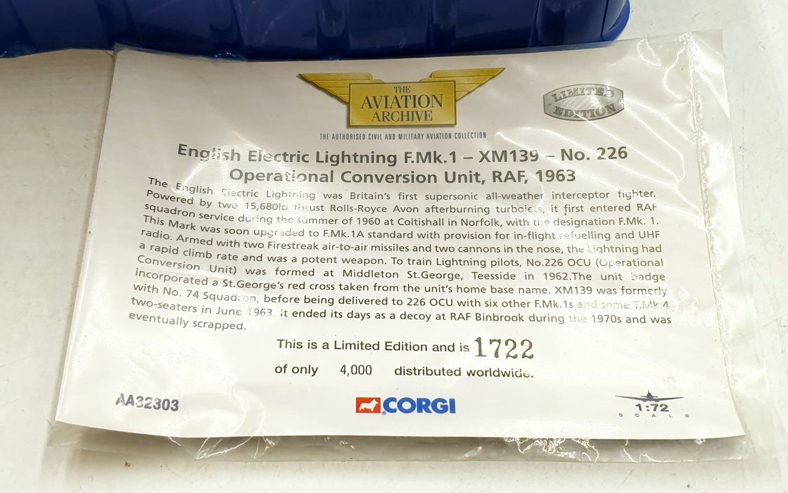 Corgi 1/72 Scale Diecast - AA32303 English Electric Lightning F.MK1 XM139 226 Op