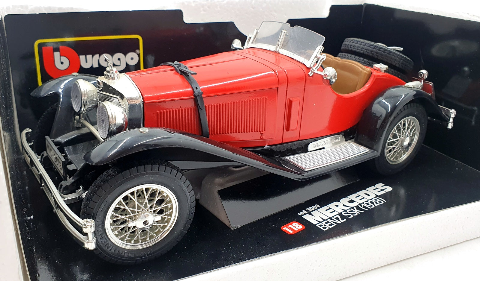 Burago 1/18 Scale Diecast 3009 - Mercedes Benz SSK 1928 Red Black