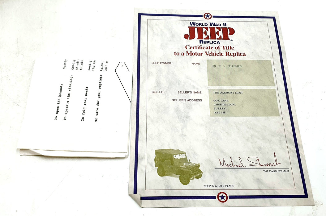 Danbury Mint 1/16 scale Diecast DMJEEP1 - WWII Willy's Jeep Army - Green