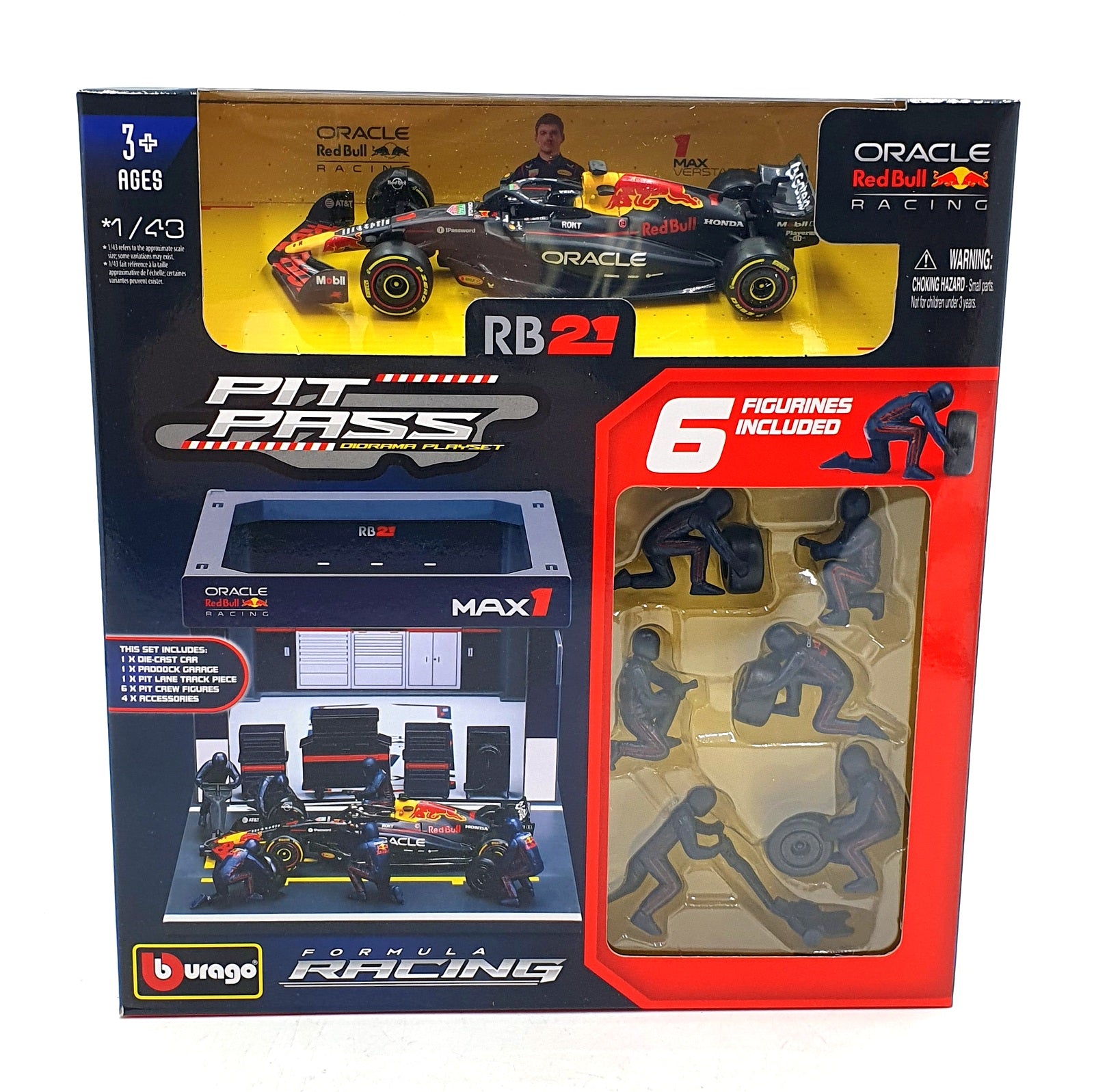 Burago 1/43 Scale 18-38459 F1 Pit Pass Diorama 2025 Red Bull RB21 #1 Verstappen