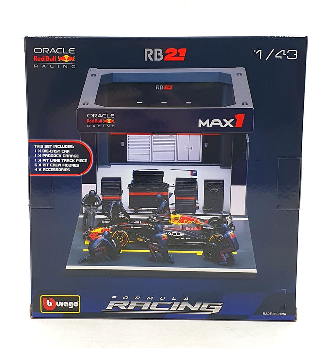 Burago 1/43 Scale 18-38459 F1 Pit Pass Diorama 2025 Red Bull RB21 #1 Verstappen