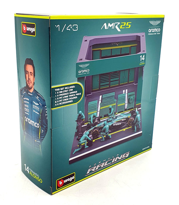 Burago 1/43 Scale 18-38460 - F1 Pit Pass 2025 Aston Martin AMR25 #14 Alonso