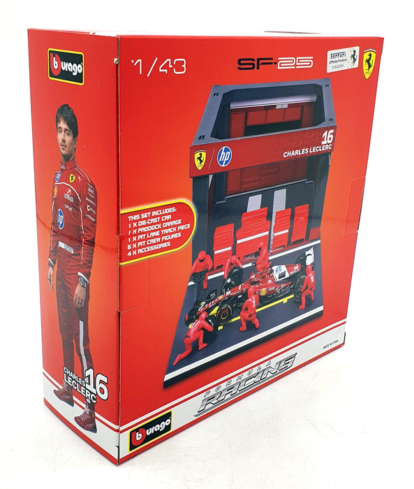 Burago 1/43 Scale 18-36865 - F1 Ferrari SF-25 Pit Pass Diorama 2025 #16 Leclerc