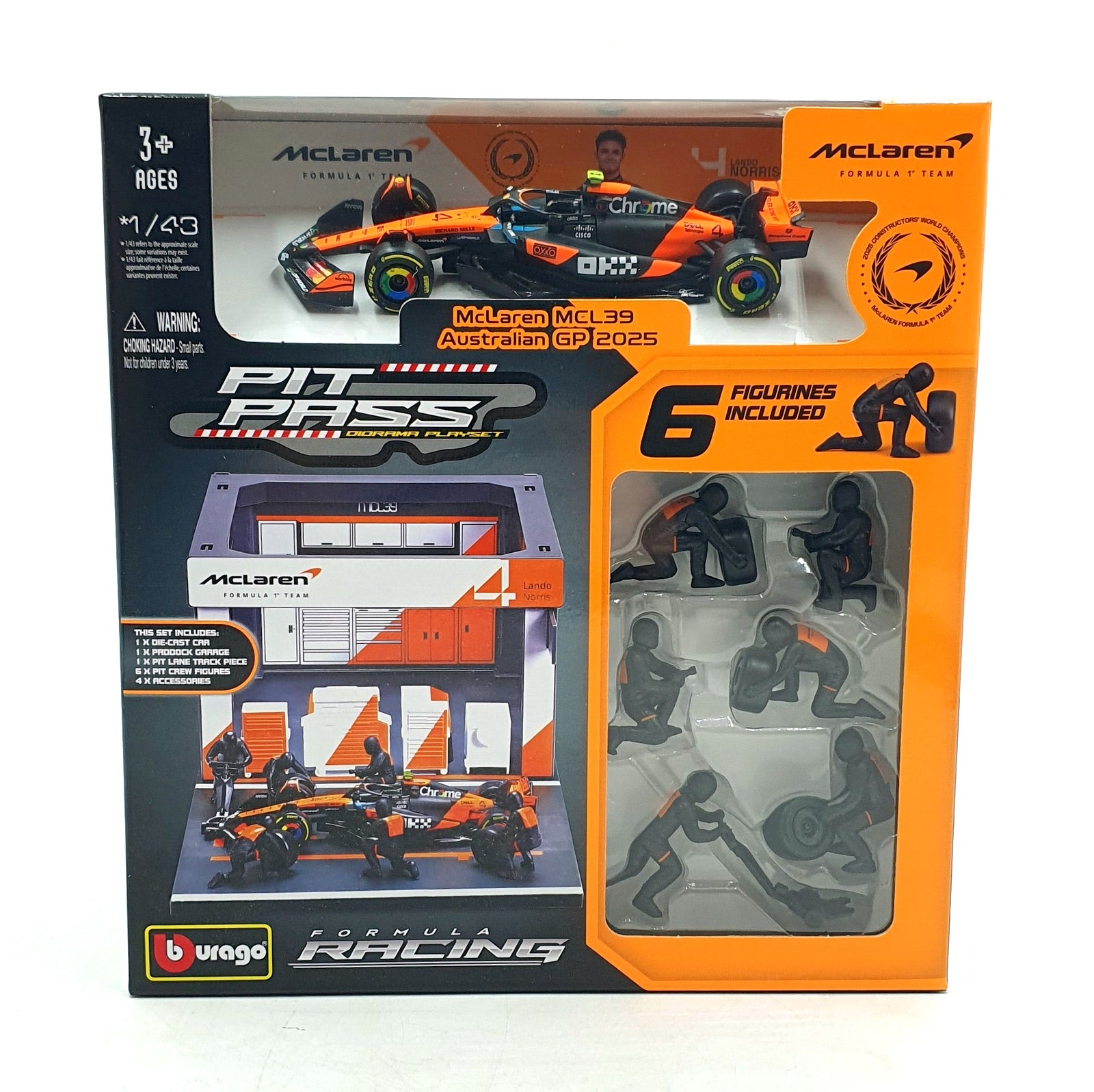 Burago 1/43 Scale 18-38457 F1 Pit Pass Diorama 2025 McLaren MCL39 #4 Norris