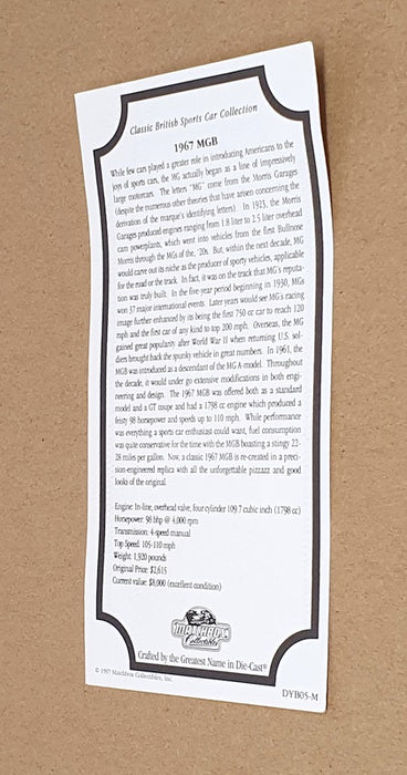 Matchbox 1/43 Scale Diecast DYB05-M - 1967 MG MGB - Cream