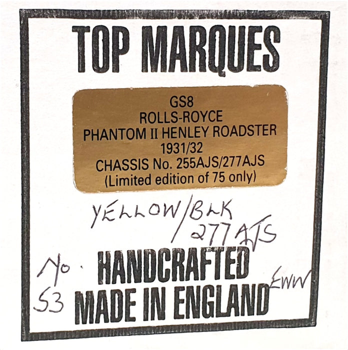Top Marques 1/43 Scale GS8 - 1931-32 Rolls Royce Phantom II Open - Yellow/Black