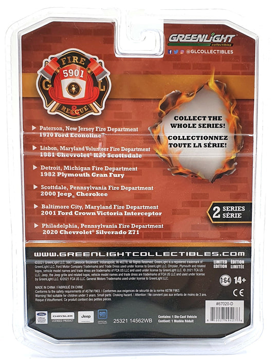 Greenlight 1/64 Scale 67020-D 2000 Jeep Cherokee Fire Department - Green Wheels
