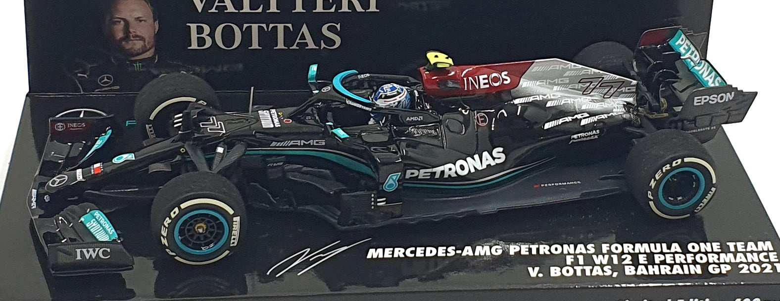 Minichamps 1/43 Scale 410 210177 - Mercedes-AMG F1 Team E #77 Bahrain GP 2021