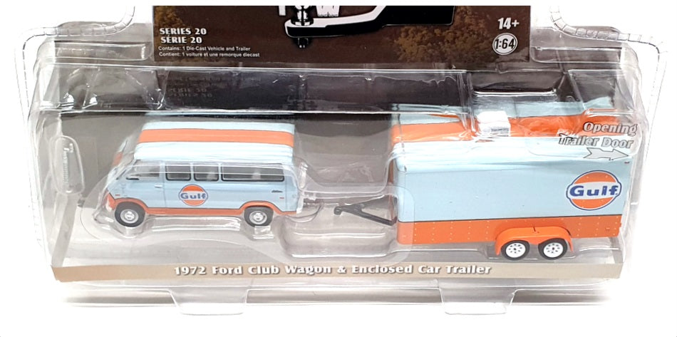 Greenlight 1/64 Scale 32200-B 1972 Ford Club Wagon & Enclosed Car Trailer Gulf 