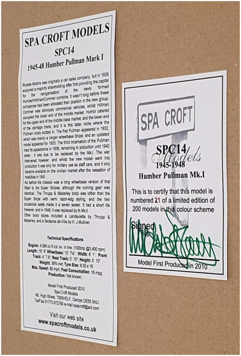 Spa Croft Models 1/43 Scale SPC14 - 1945-48 Humber Pullman Mk1 - Black/Green