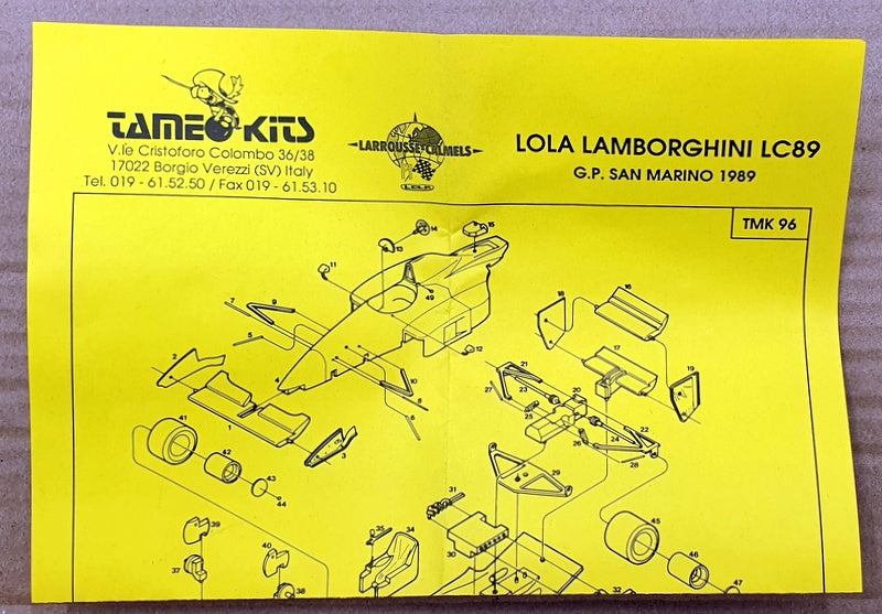 Tameo 1/43 Scale Unbuilt Kit TMK96 - Lola Lamborghini Lc89 GP San Marino 1989
