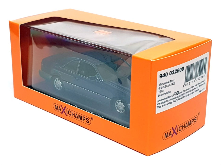 Maxichamps 1/43 Scale 940 032600 - 1992 Mercedes Benz 600 SEC (C140) - Met Blue