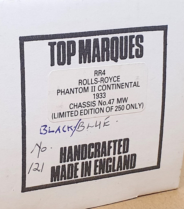Top Marques 1/43 Scale RR4 - 1933 Rolls Royce Phantom II Continental Black/Blue