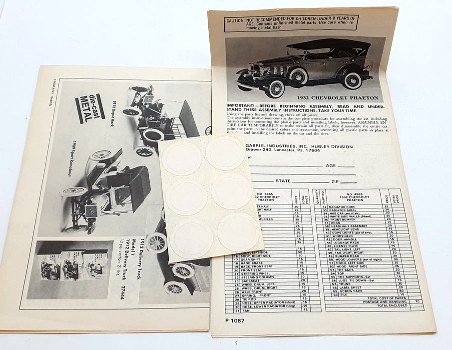 Gabriel 1/20 Scale Unbuilt Metal Kit 4865 - 1932 Chevrolet Phaeton
