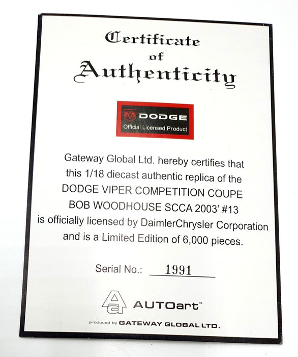 AutoArt 1/18 Scale 80423 - Dodge Viper Comp Coupe SCCA Wolrd Challenge GT 2003