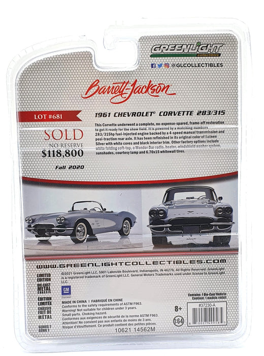 Greenlight 1/64 Scale 37230-A - 1961 Chevrolet Corvette 283/315 -  Met. Lt Blue
