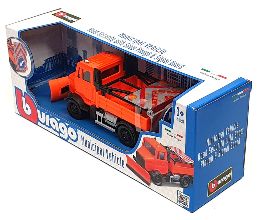 Burago 18-32263 - Road Security Snow Plough Truck & Signal Board - Orange