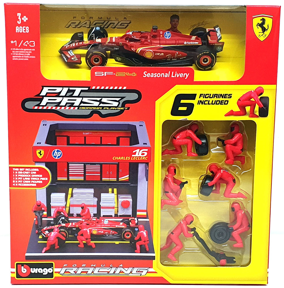 Burago 1/43 Scale 18-36862 - F1 Ferrari SF-24 Pit Pass Diorama 2024 #16 Leclerc