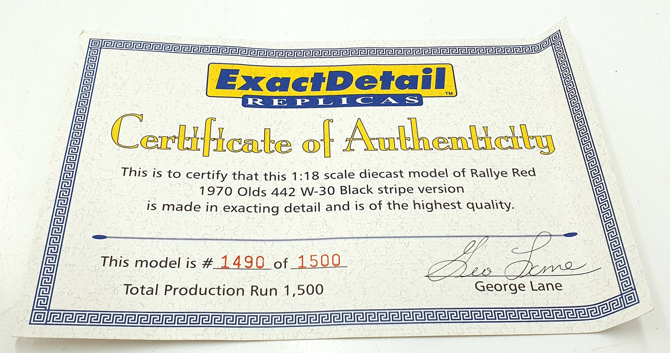 Exact Detail 1/18 Scale WCC306B - 1970 Oldsmobile 4-4-2 W-30 - Rallye Red