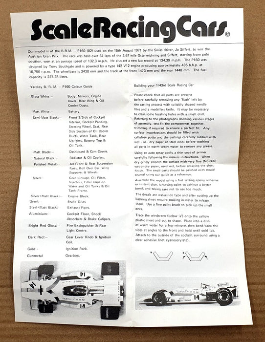 S.R.C. Models 1/43 Scale Unbuilt Kit 02 1971 Yardley BRM P160