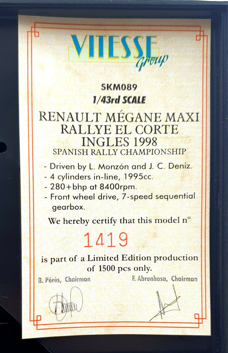 Skid 1/43 Scale SKM089 - Renault Megane Maxi #11 El Corte Ingles Rally 1998