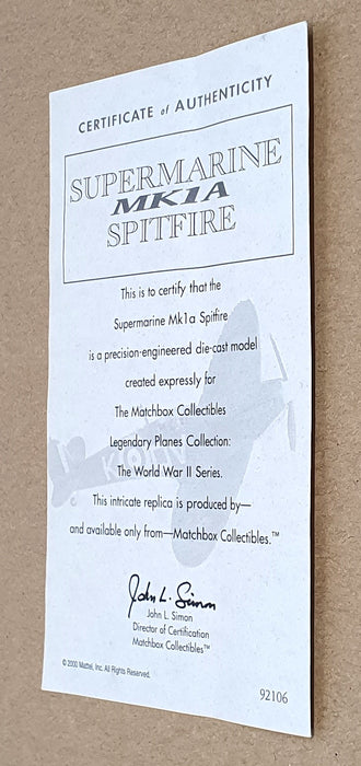 Matchbox 1/72 Scale 92106 - Supermarine Spitfire Mk1a Aircraft