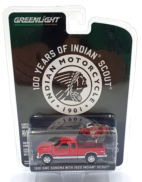 Greenlight 1/64 Scale 28080-C - 1991 GMC Sonoma w/ 1920 Indian Scout - Red