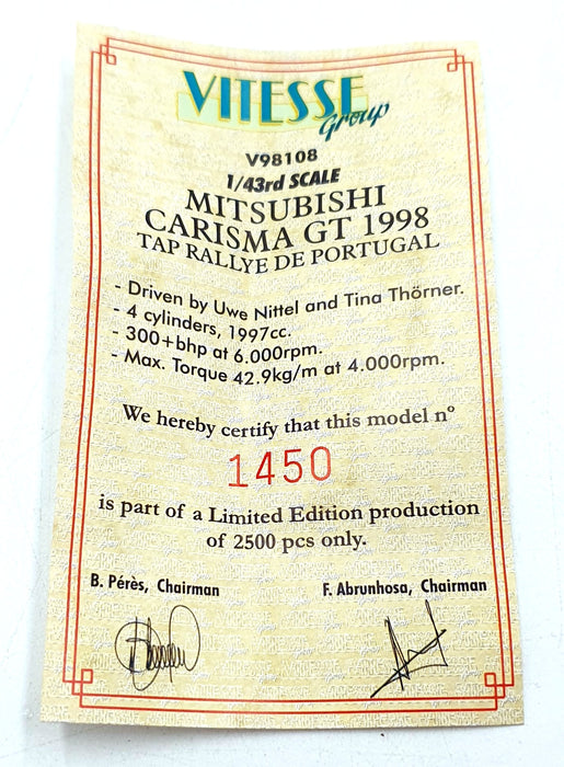 Vitesse 1/43 Scale V98108 - Mitsubishi Carisma GT #14 Portugal Rally 1998