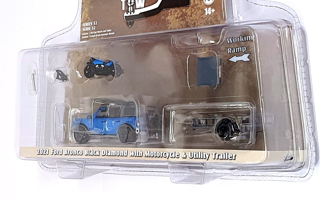 Greenlight 1/64 Scale 32320-C - 2021 Ford Bronco w/ Motorcycle & Trailer - Blue