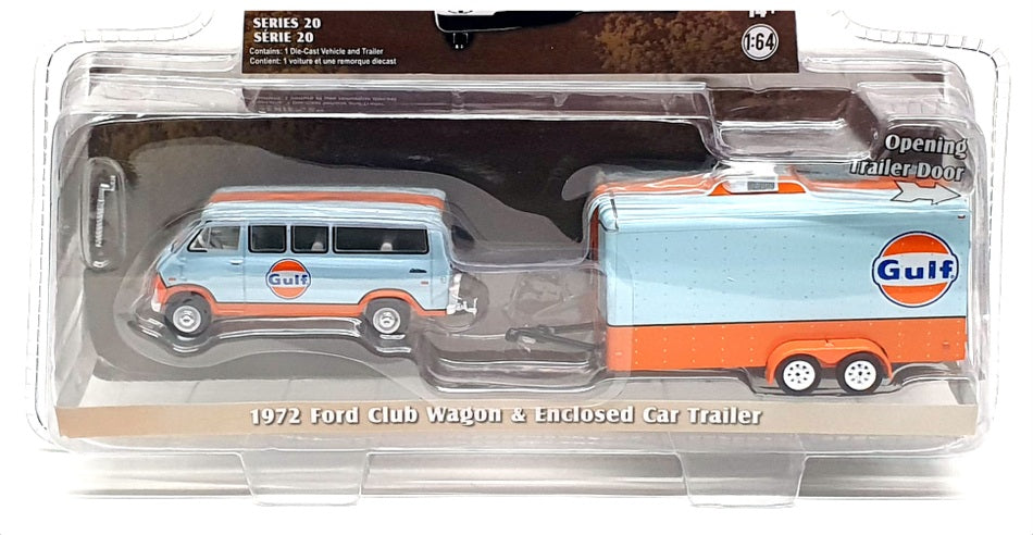 Greenlight 1/64 Scale 32200-B 1972 Ford Club Wagon & Enclosed Car Trailer Gulf 