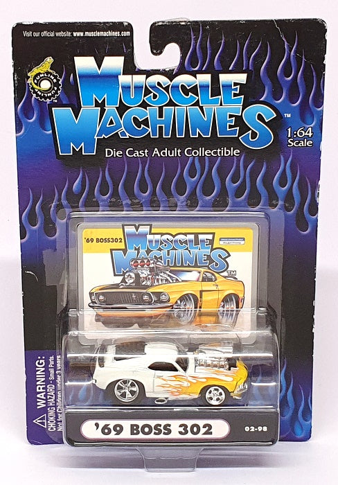 Muscle Machines 1/64 Scale 71161 02-98 - 1969 Ford Mustang Boss 302 White/Yellow