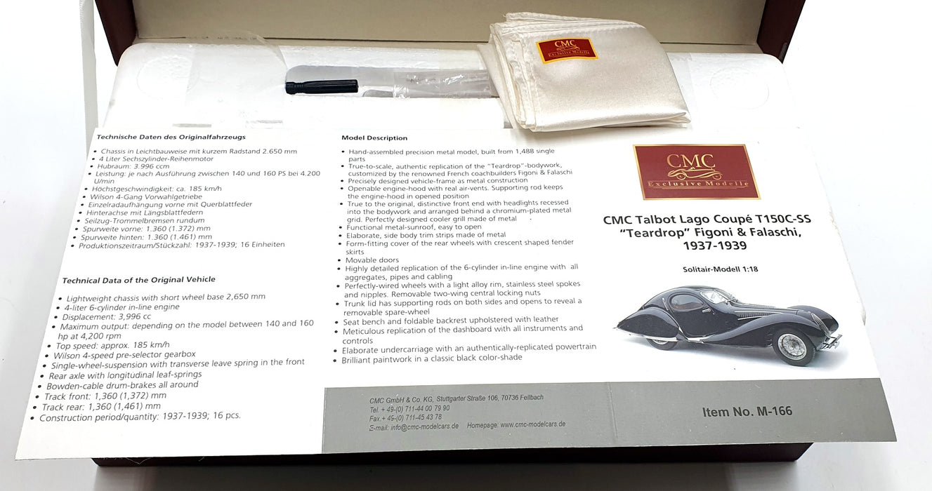 CMC 1/18 Scale M-166 - Talbot Lago Coupe T150 C-SS Teardrop 1937-39 Black