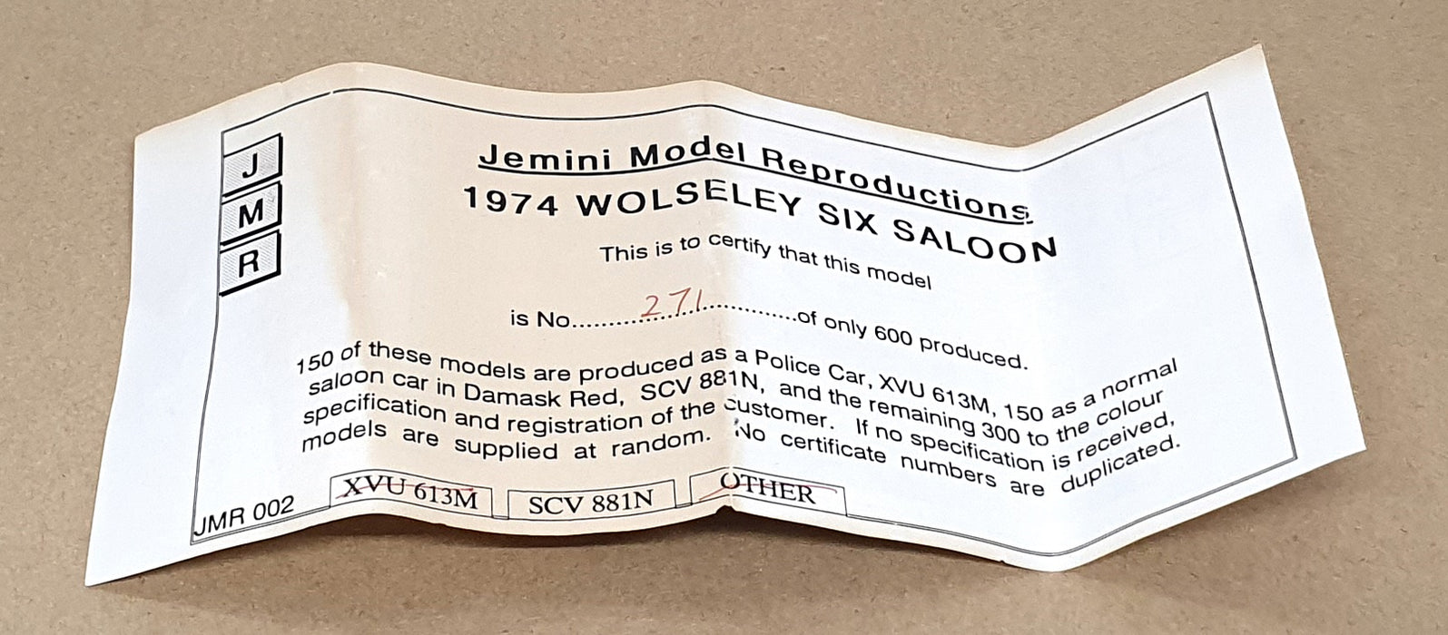Jemini Model Reproductions 1/43 Scale JMR002 - 1974 Wolseley Six - Damask Red
