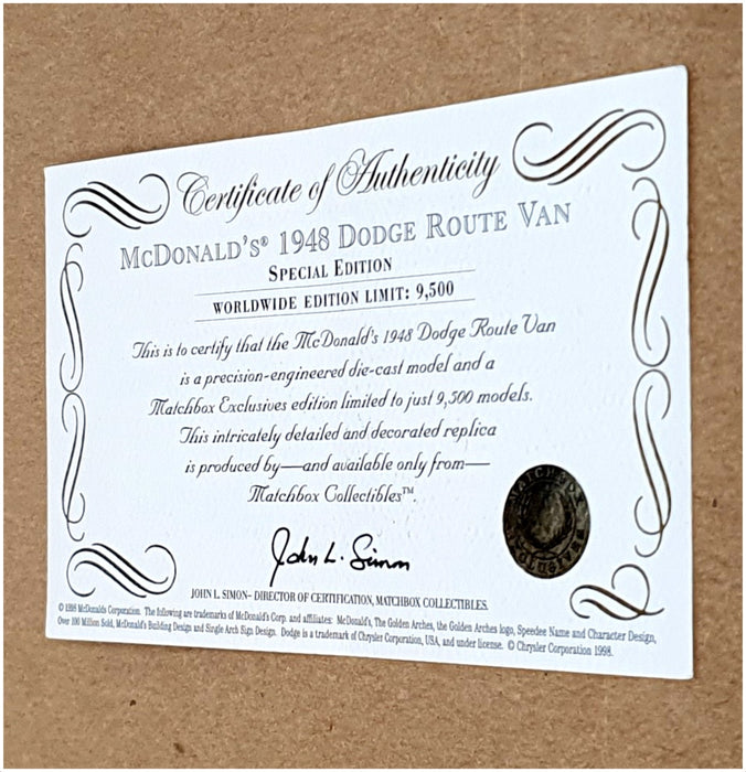 Matchbox 10cm Long Diecast YYM36839 - 1948 Dodge Route Van (McDonald's)