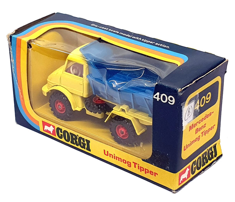 Corgi Toys 9.5cm Long Original Diecast 409 - Unimog Tipper - Yellow/Blue