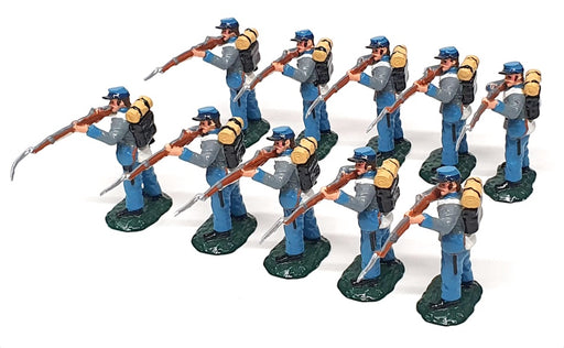 F.F. 1999 - 10x Appx 6cm Tall Unknown Military Metal Soldiers Blue/Grey Uniform
